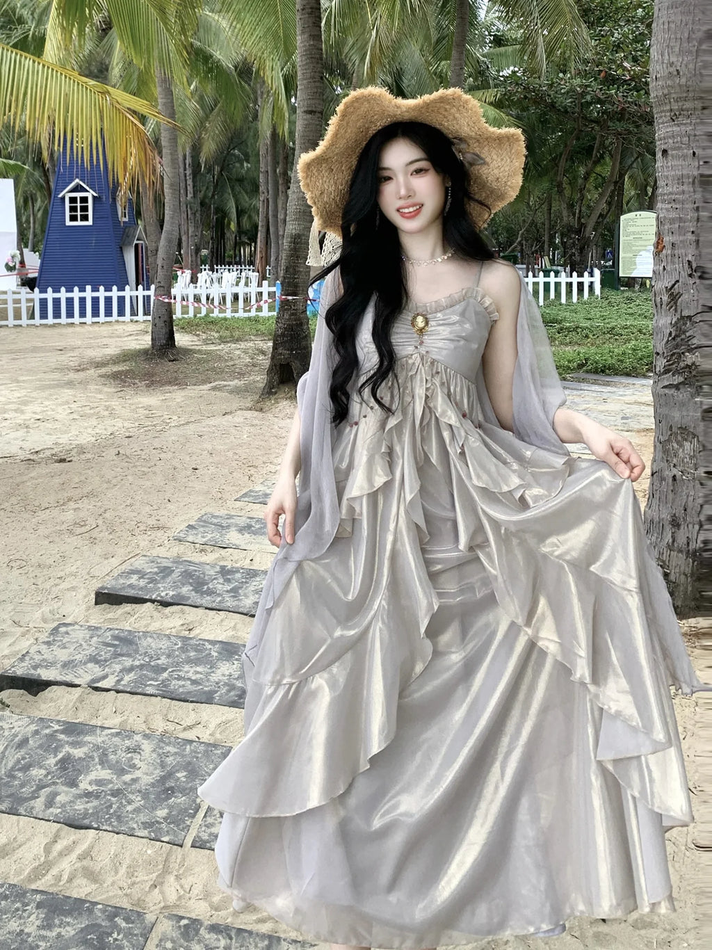 Vintage Brooch Elegance Ruffled Gown