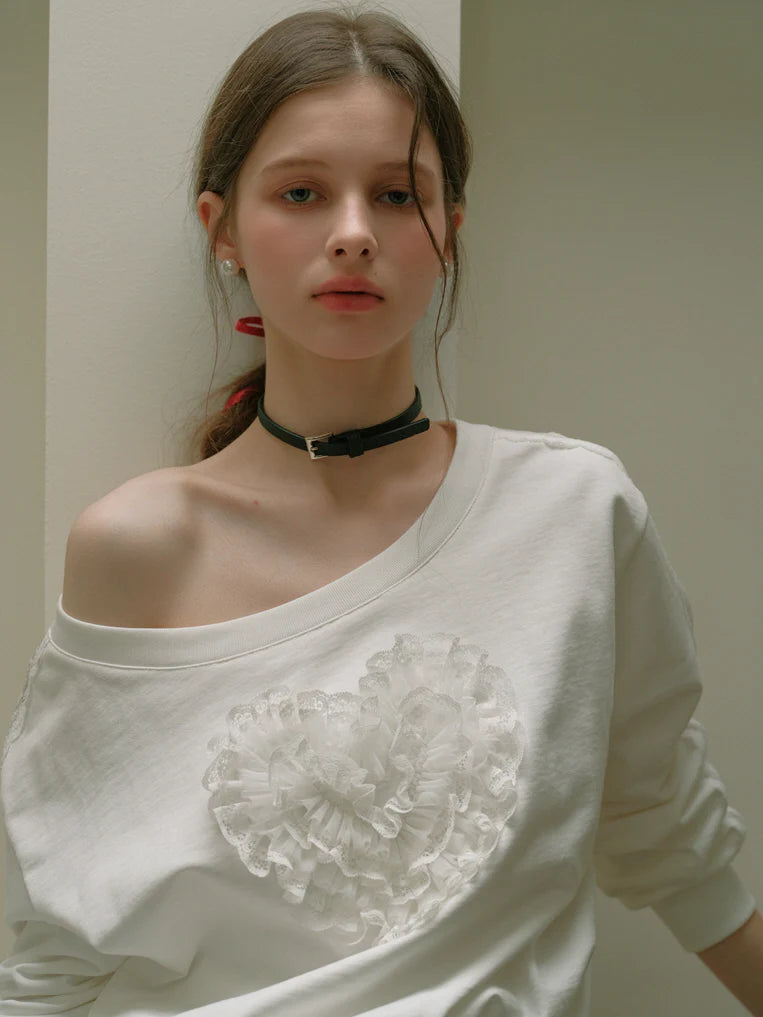 Coquette Lace Heart Off-Shoulder Sweatshirt