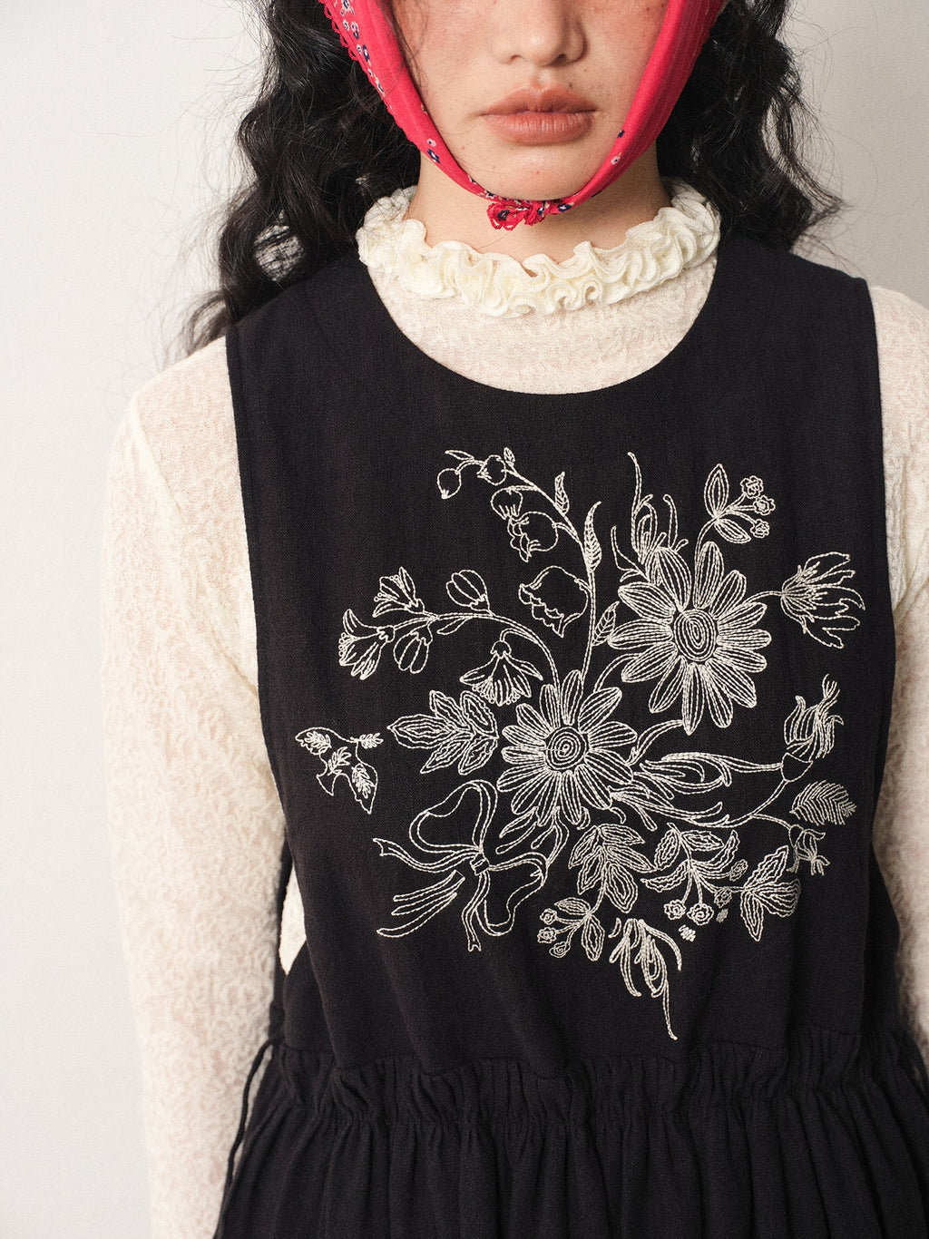 Floral Embroidered Linen-Cotton Pinafore Dress