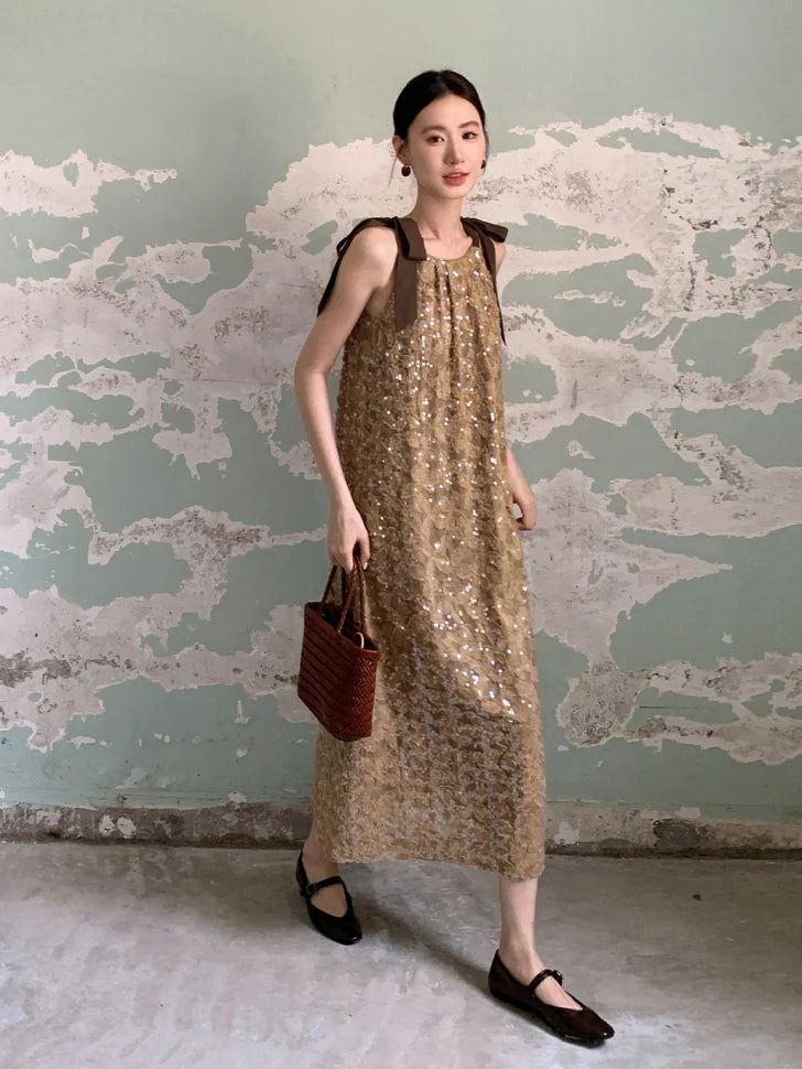 Golden Sequin Ribbon Strap Dress