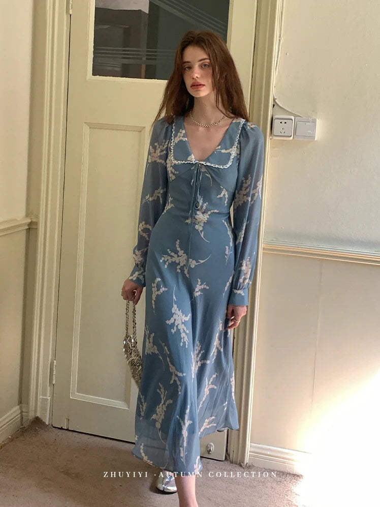 Blue Floral Retro Maxi Dress