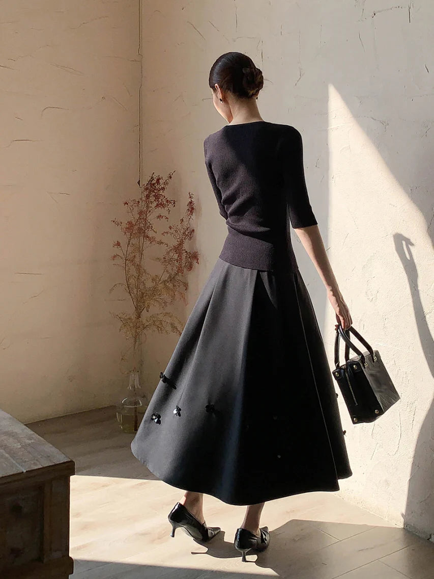 Black Vintage Floral Accent Skirt