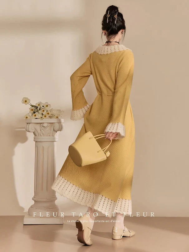 Golden Daydream Crochet Trim Knit Dress