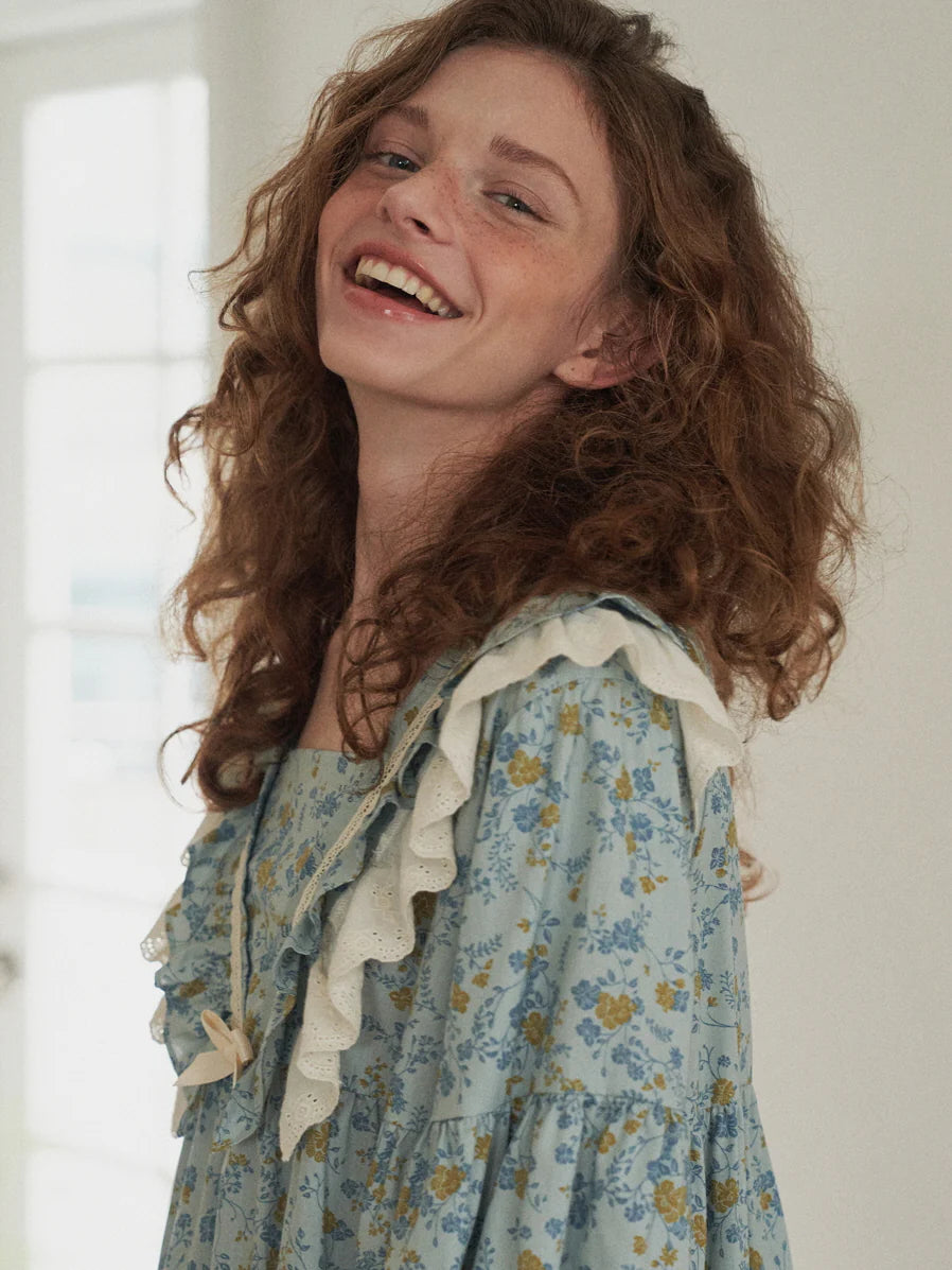 Blue Meadow Ruffle Lounge Gown