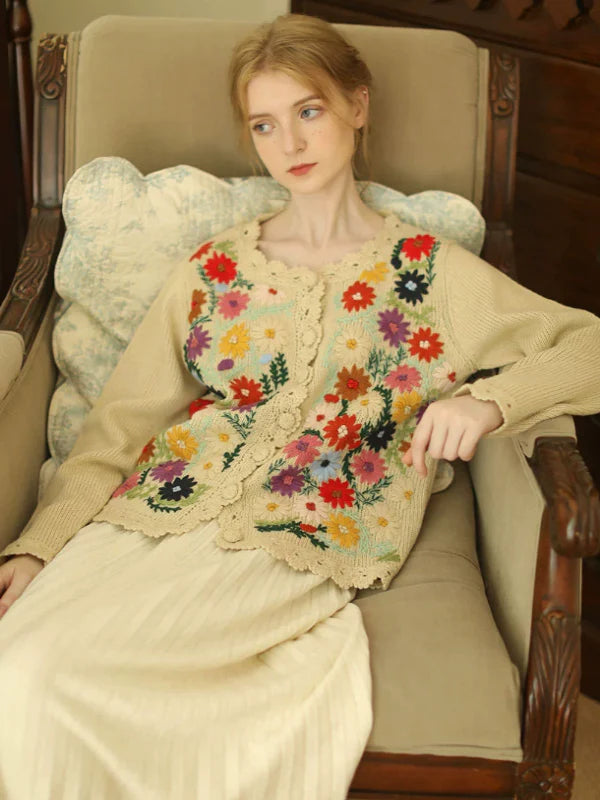 Retro Blossom Embroidery Cardigan