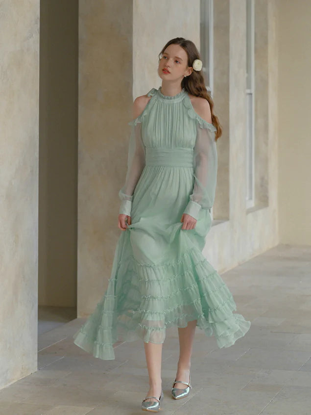 Mint Whispers Cold-Shoulder Dress