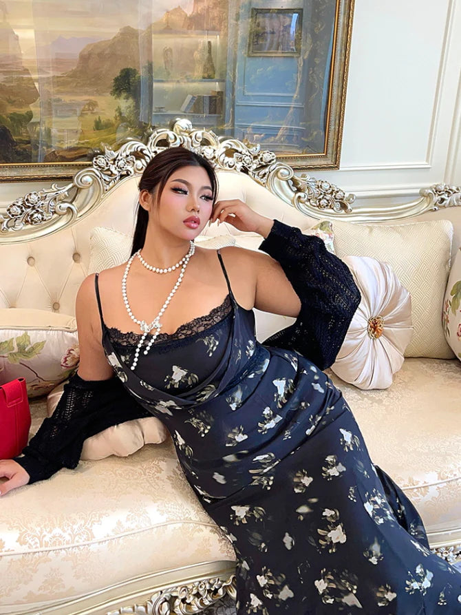 Midnight Bloom Lace Trim Floral Dress