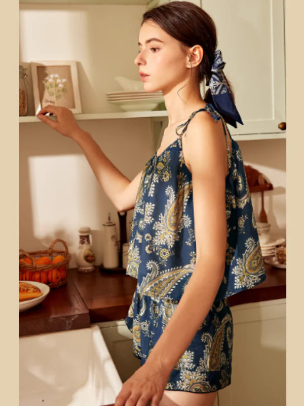 Navy Paisley Tie-Strap Loungewear Set