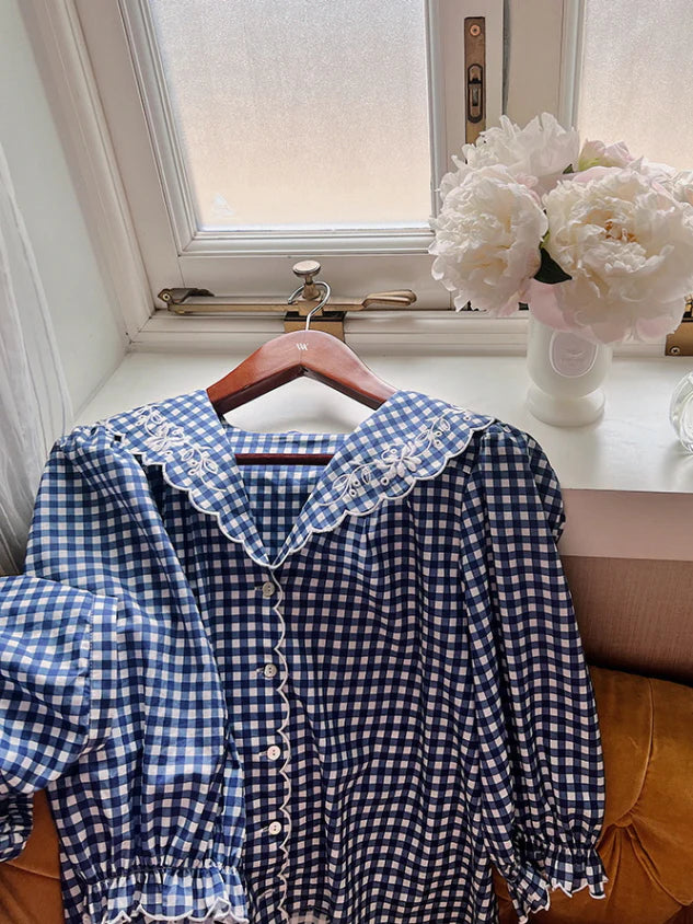 Navy Gingham Lace Collar Pajama Set