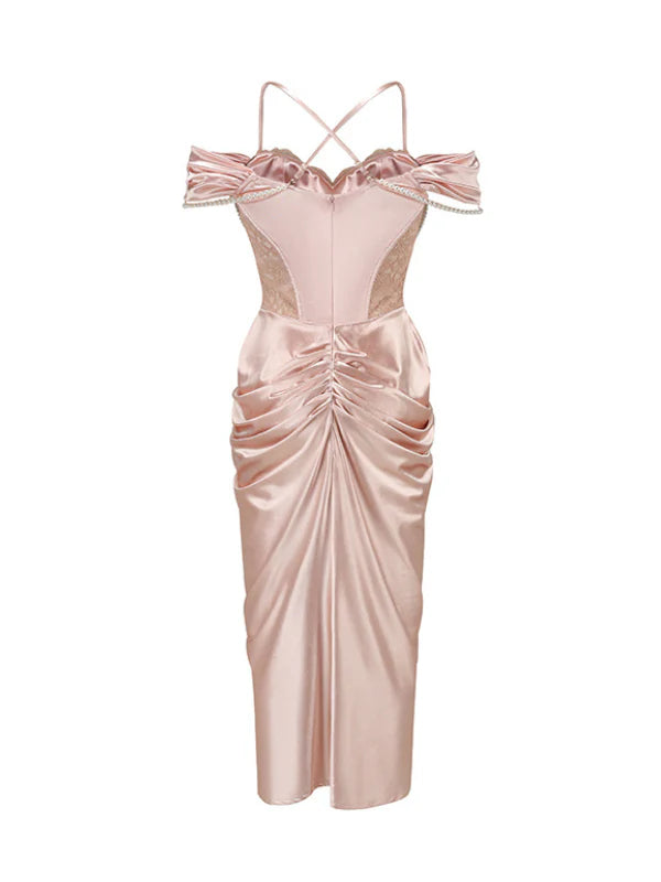 Opulent Pearl Drape Satin Corset Gown