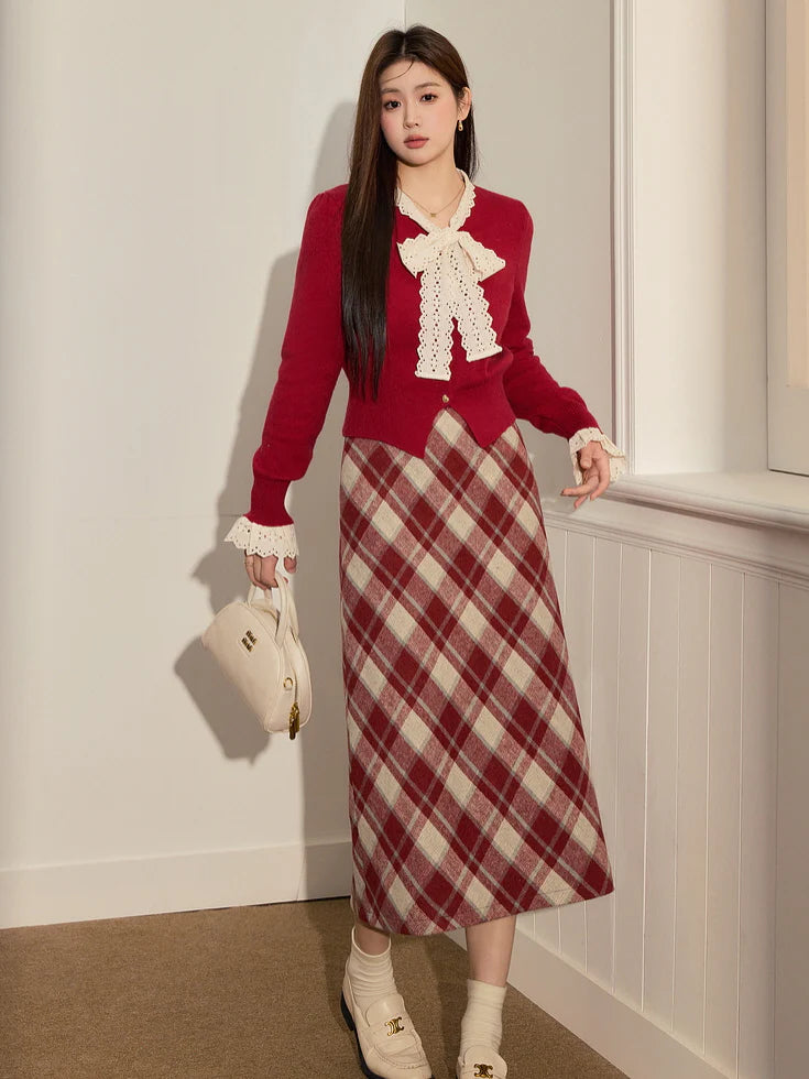 Ruby Plaid Wool Blend Skirt