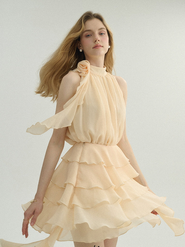 Ethereal Cream Ruffle Rose Halter Top