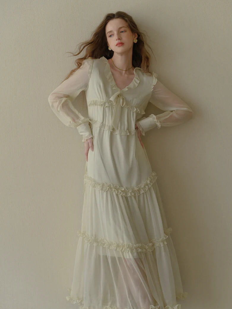Soft Cream Ruffle Tiered Sheer Dress