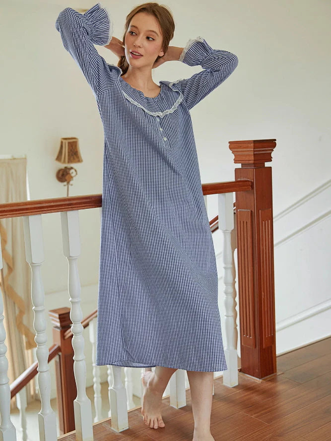 Cottagecore Gingham Lace-Trim Nightgown