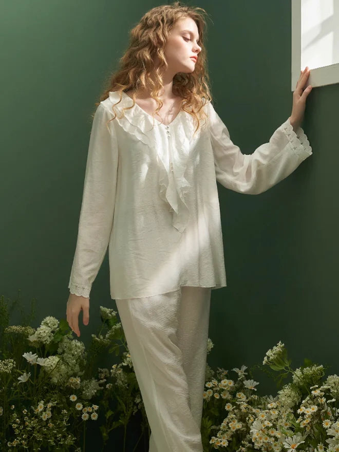 Elegant Ruffled Lace-Trim Pajama Set