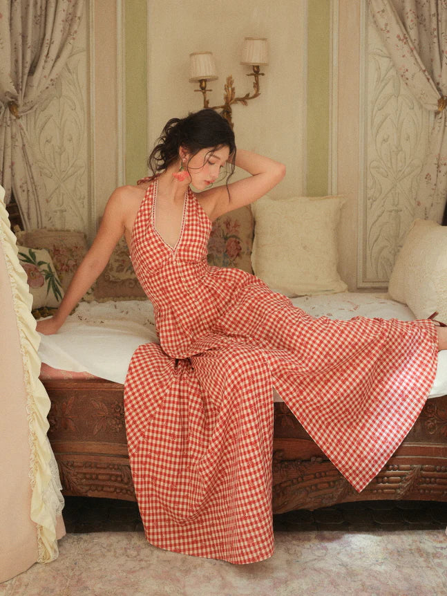 Romantic Gingham Red Check Halter Dress