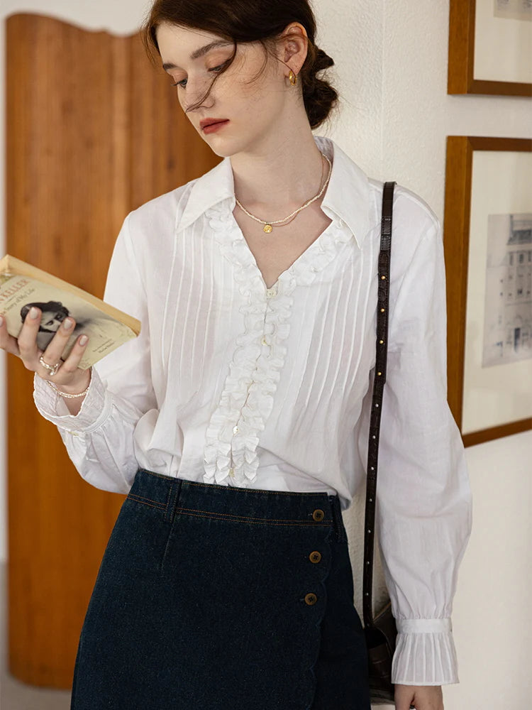 Vintage Charm Ruffled Cotton Blouse