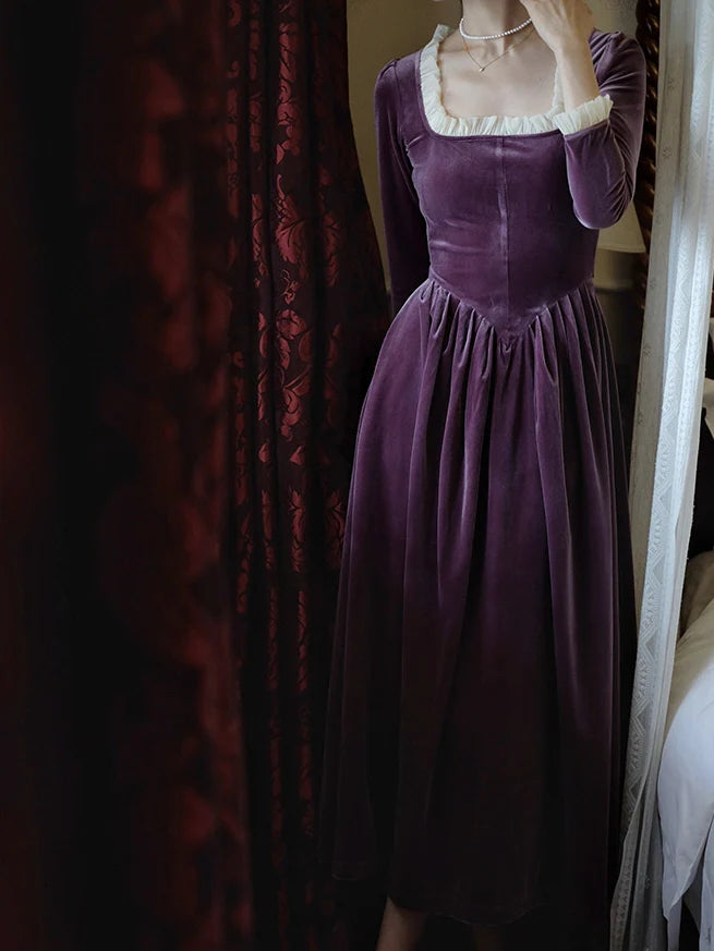 Ruffled Trim Royal Purple Velvet Vintage Dress