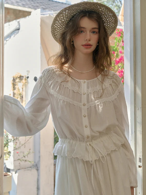 Cotton Vintage Embroidery Blouse & Skirt