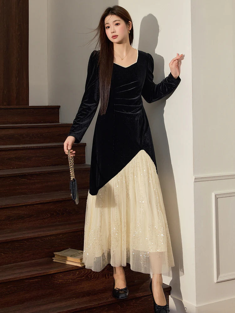 Ethereal Velvet Pearl-Collar Dress