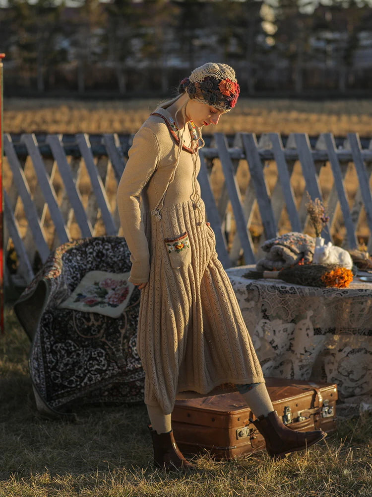 Warm Beige Elegance Floral Knit Dress