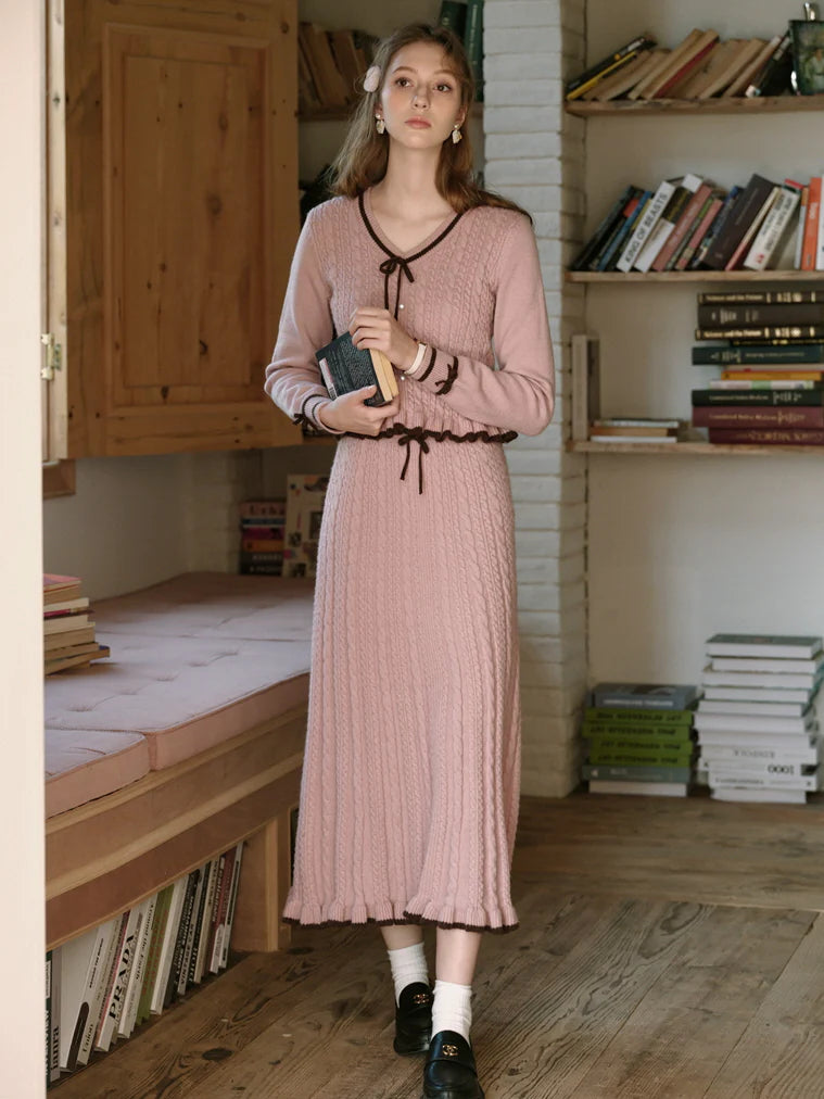 Ribbon Trim Pink Cable Knit Skirt