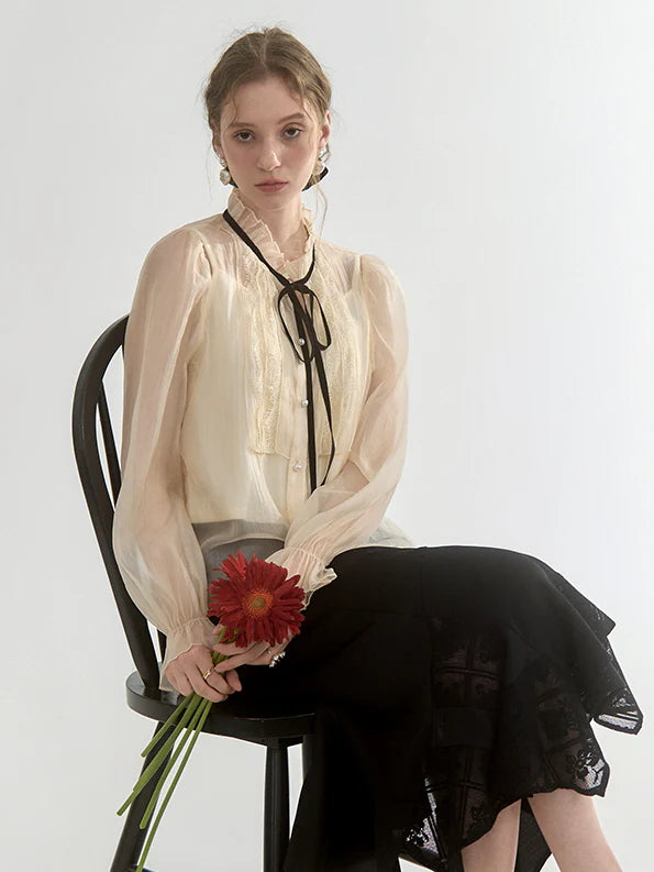 Sheer Lace-Trimmed Blouse with Ribbon Tie