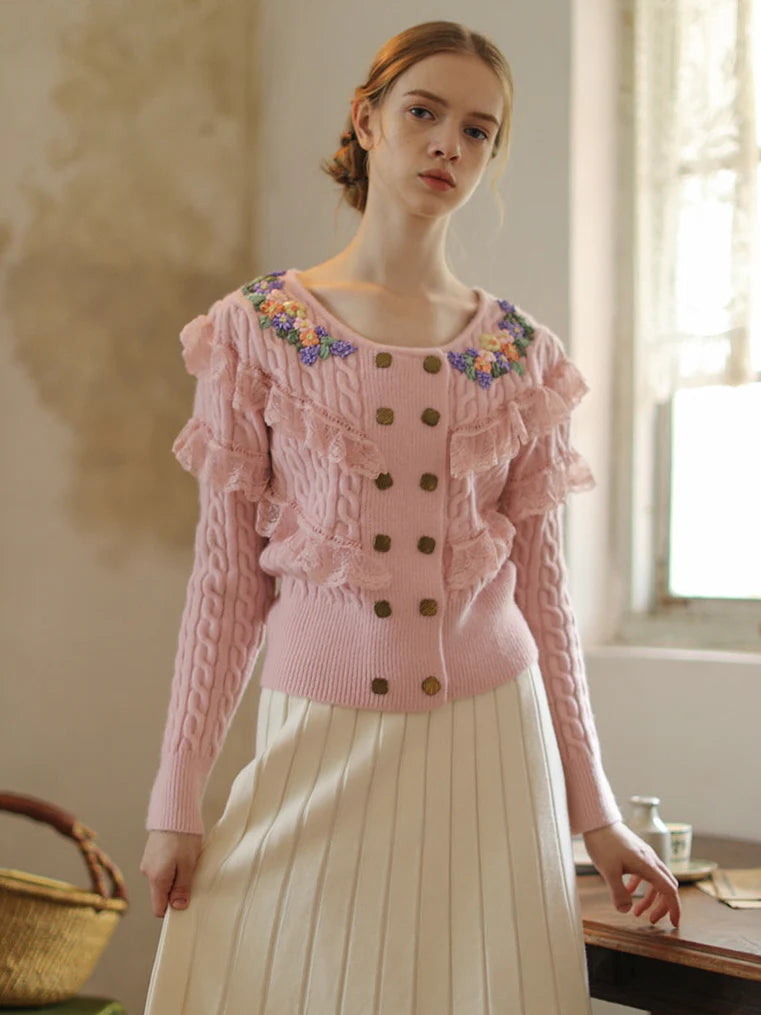 Delicate Floral Embroidered Ruffle Cardigan