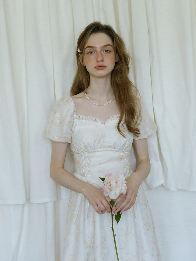 White Floral Corset Waist Dress