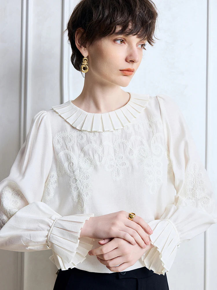 Pleated Collar Embroidered Blouse