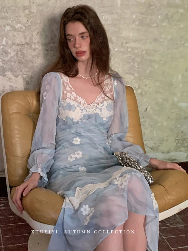 Blue Lace Floral Sheer Maxi Dress