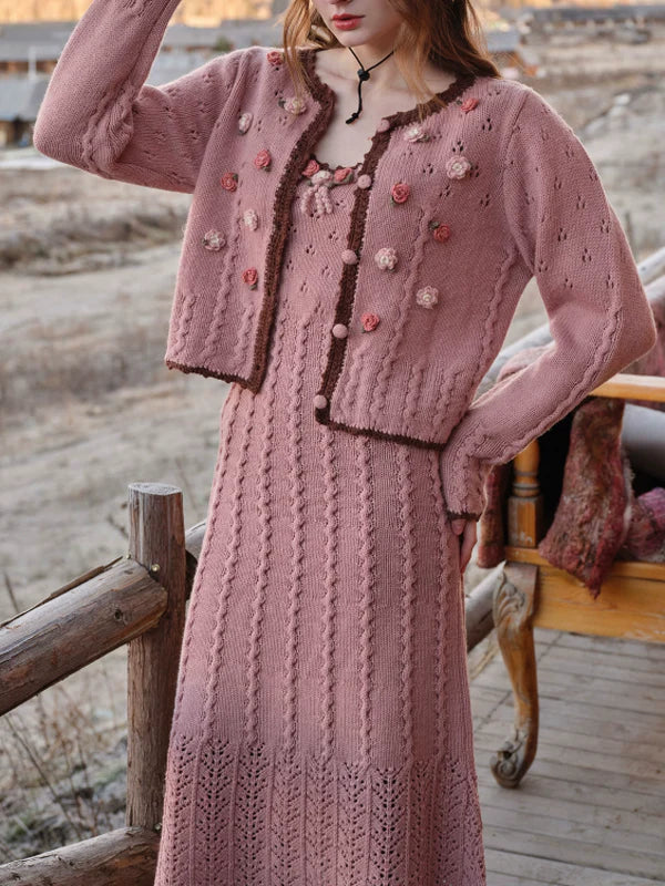 Vintage Floral Wave Wool Knit Cardigan　