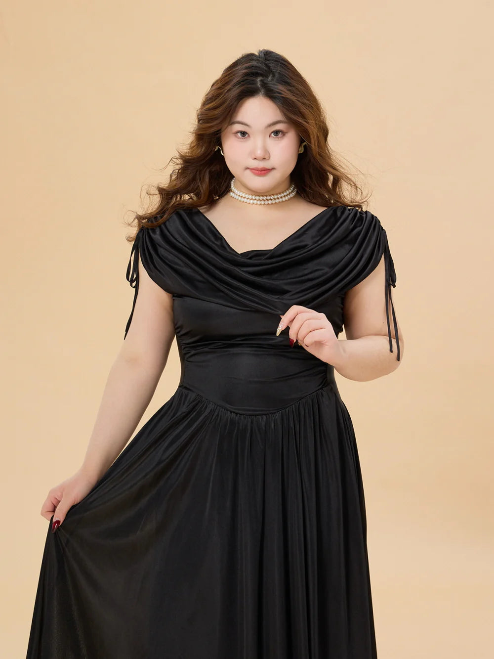 Midnight Satin Plus Size Dress with Draped Shoulders