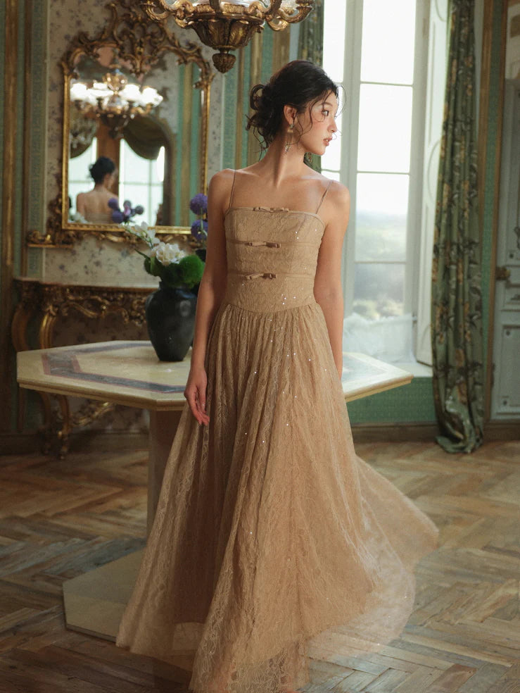 Champagne Lace Bow Evening Dress