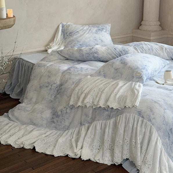 Watercolor Blue Lace Ruffle Bedding Set
