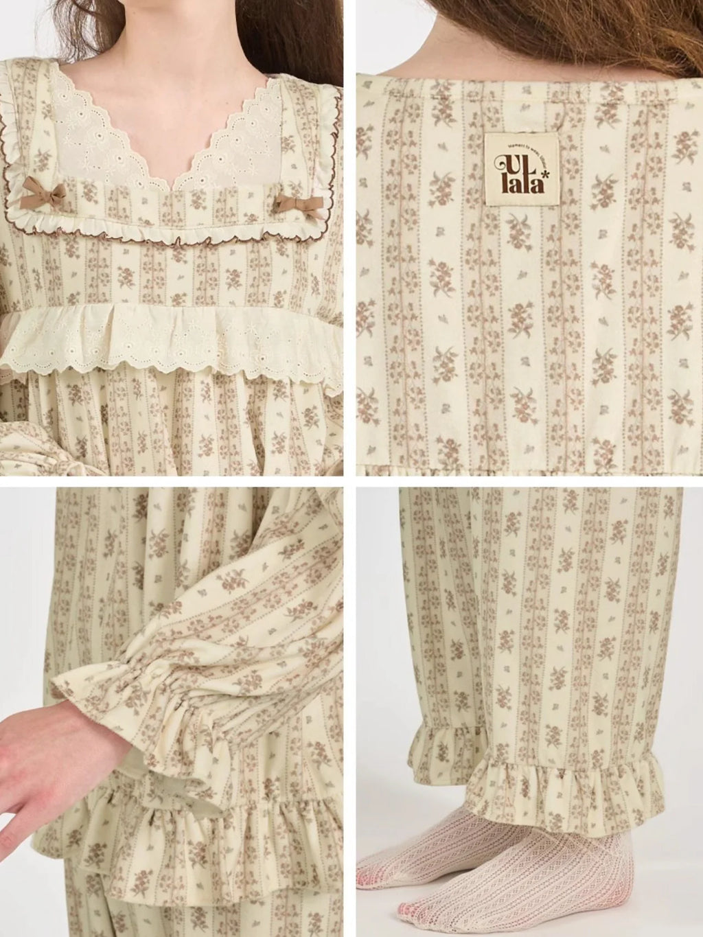 Brown Ribbon Lace Flannel Pajama Set