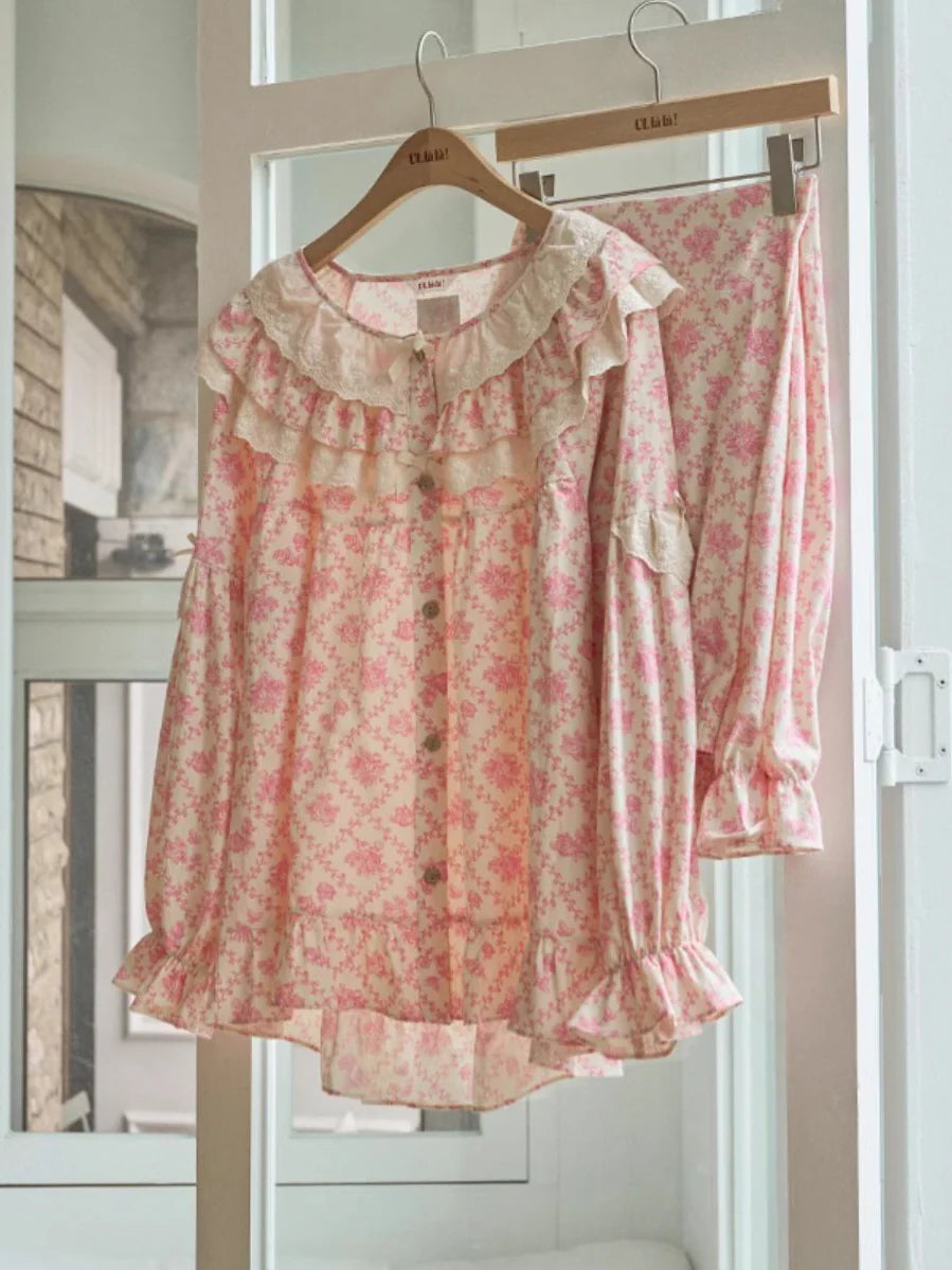 Pink Floral Lace Ruffle Loungewear Set