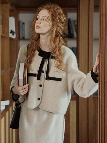 Elegant Wool Blend Ribbon Trim Knit Cardigan