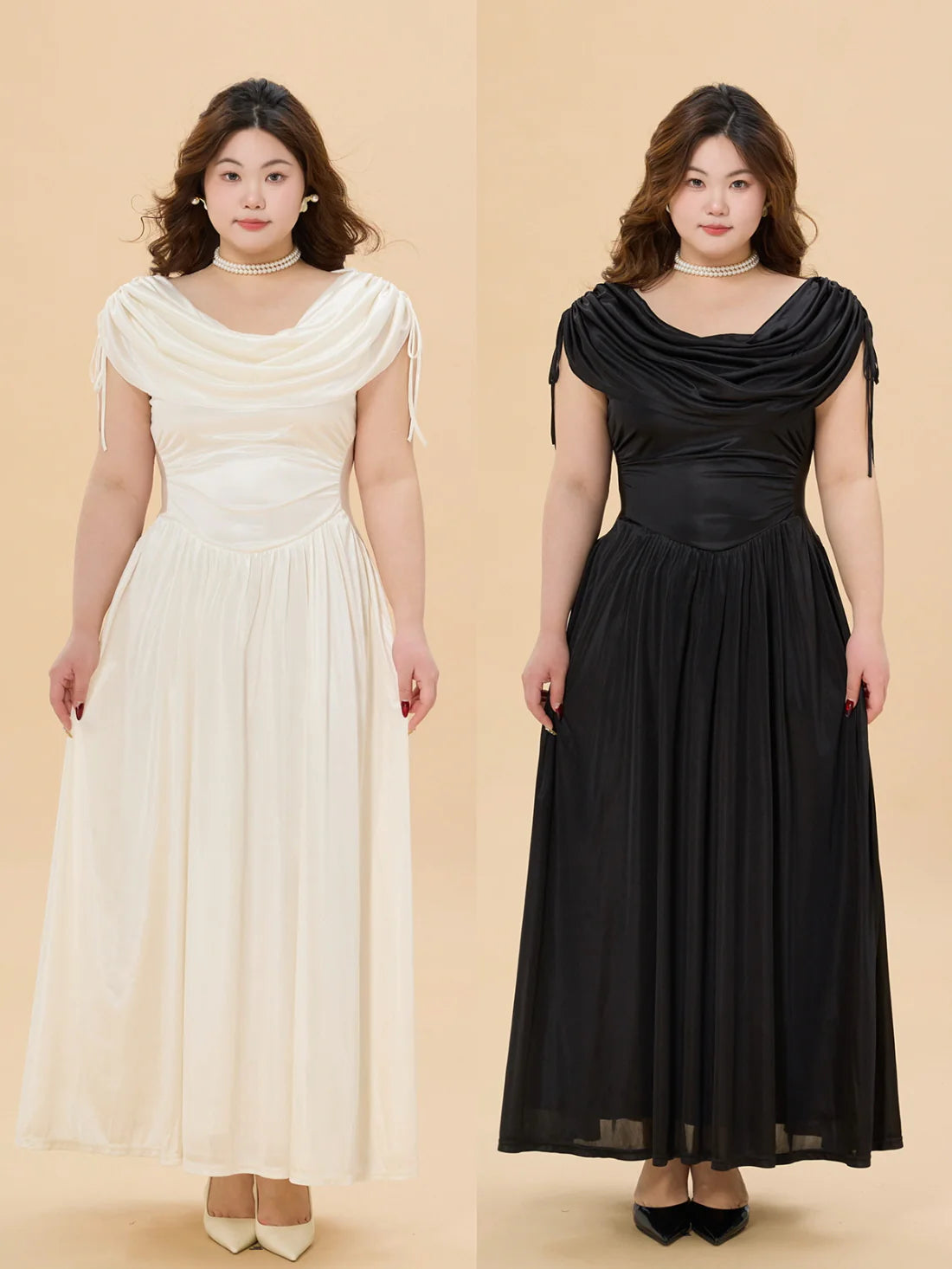 White Satin Glow Plus Size Dress with Ruched Shoulders