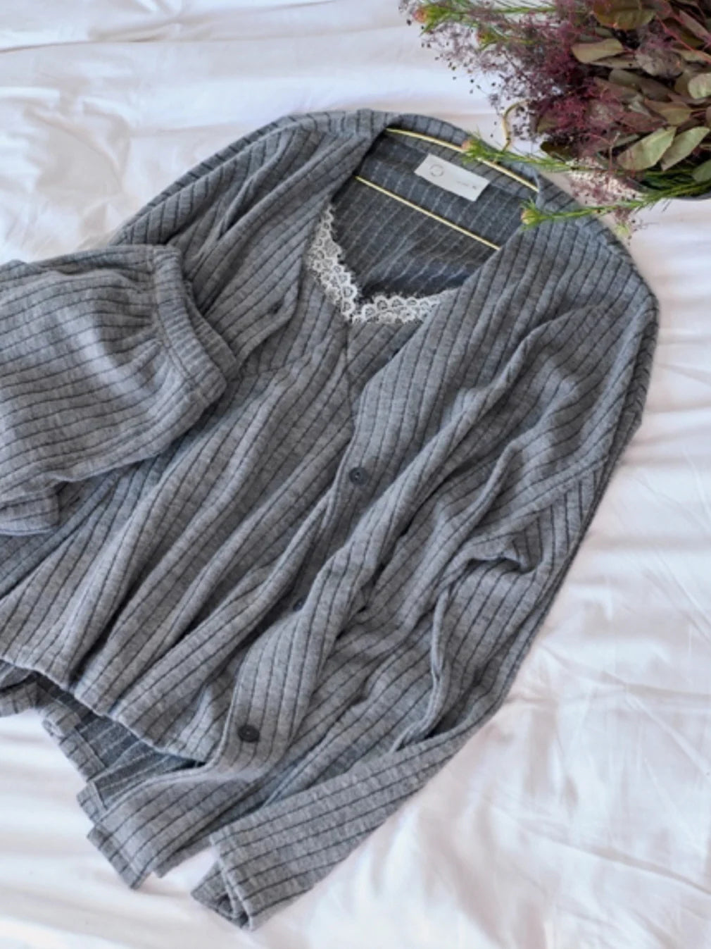 Gray Lace Trim Ribbed Pajama Set