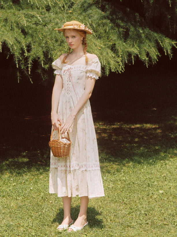 Vintage Rose Garden Lace-Up Off-Shoulder Dress