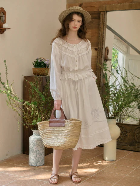 Cotton Vintage Embroidery Blouse & Skirt