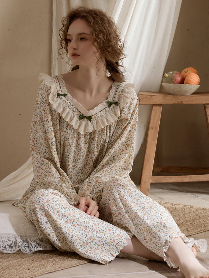 Vintage Floral Ruffle Pajama Set