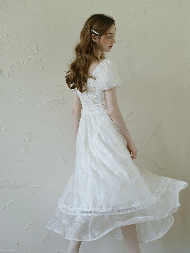 White Floral Corset Waist Dress