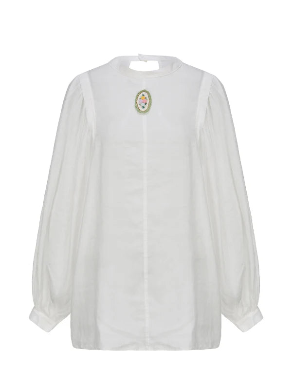 Embroidered Floral Brooch Linen Cotton Blouse