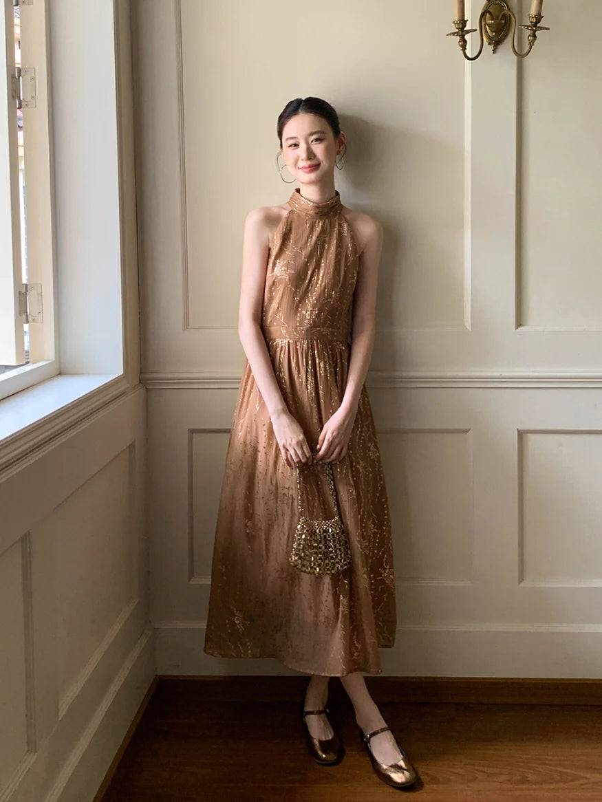 Golden Bloom Halter Dress