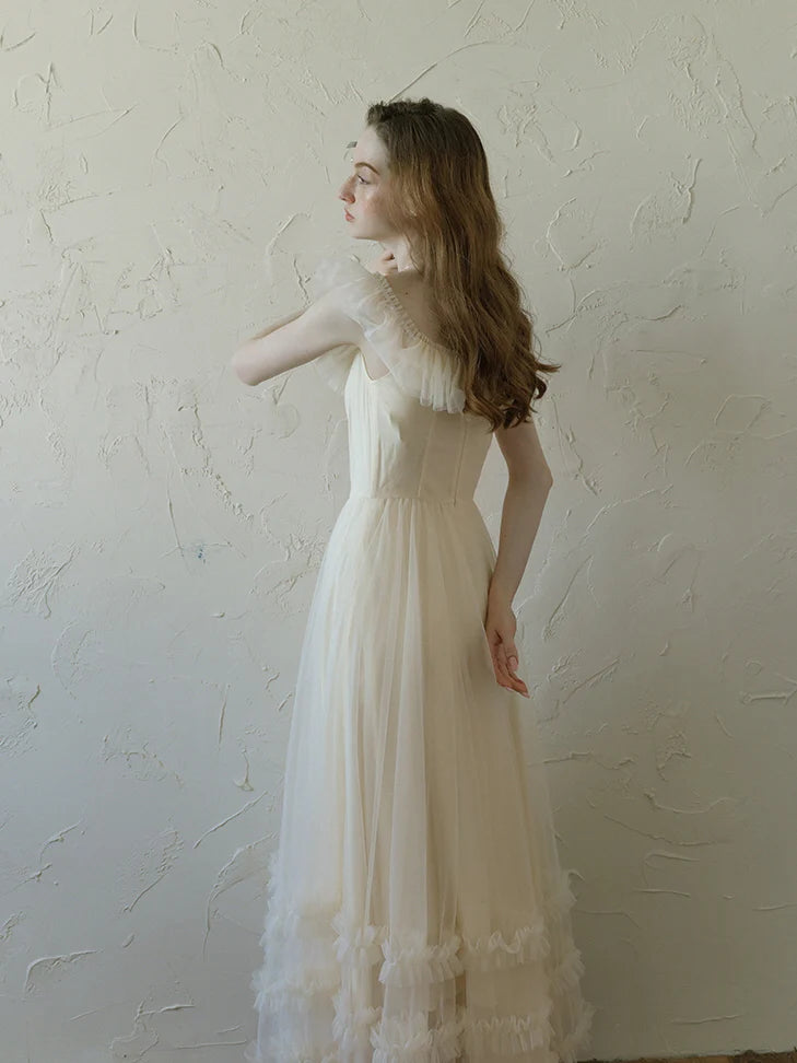 Ivory Tulle Ruffle Off-Shoulder Dress