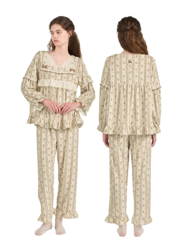 Brown Ribbon Lace Flannel Pajama Set