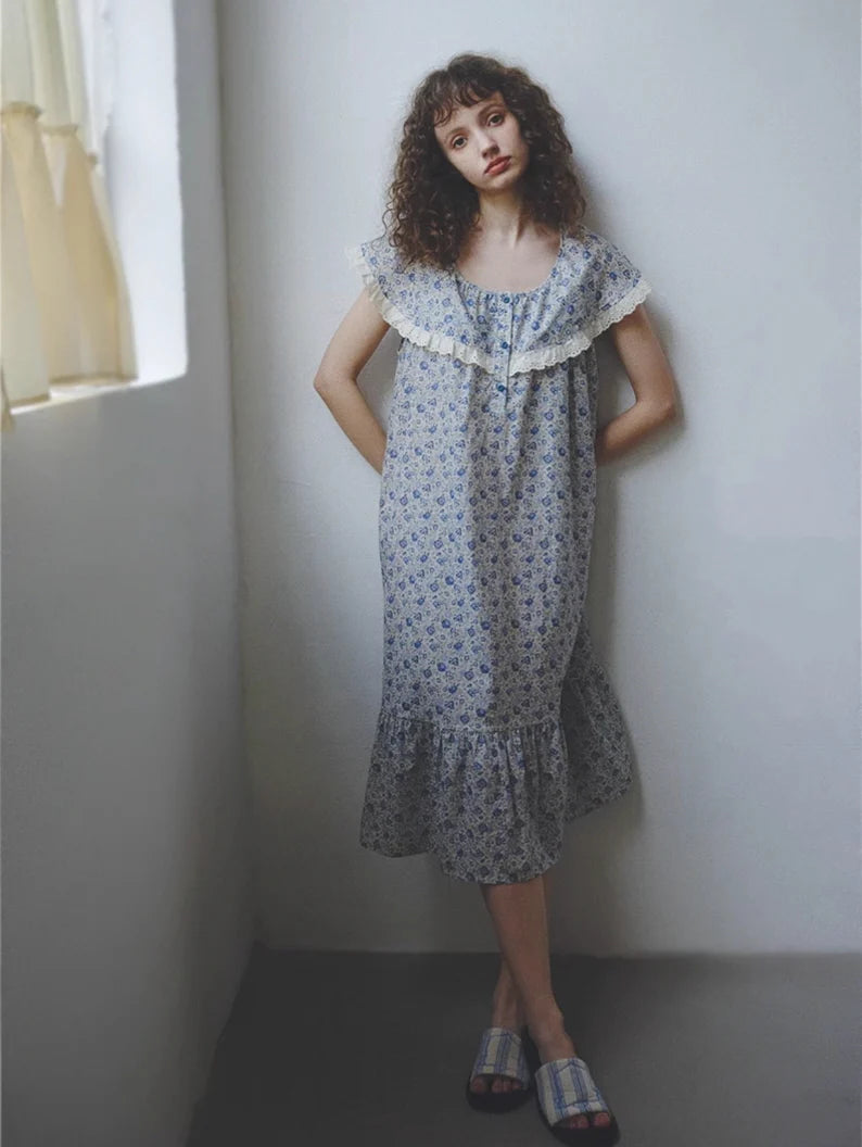 Blue Blossom Ruffle Cotton Nightgown