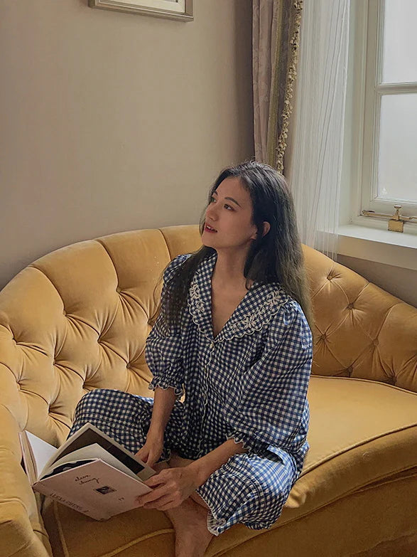 Navy Gingham Lace Collar Pajama Set